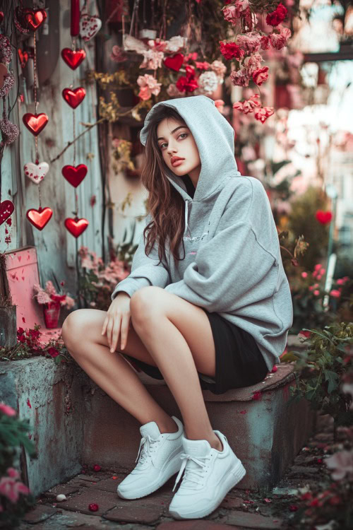 A woman wearing a soft gray hoodie, black bike shorts, and white trainers