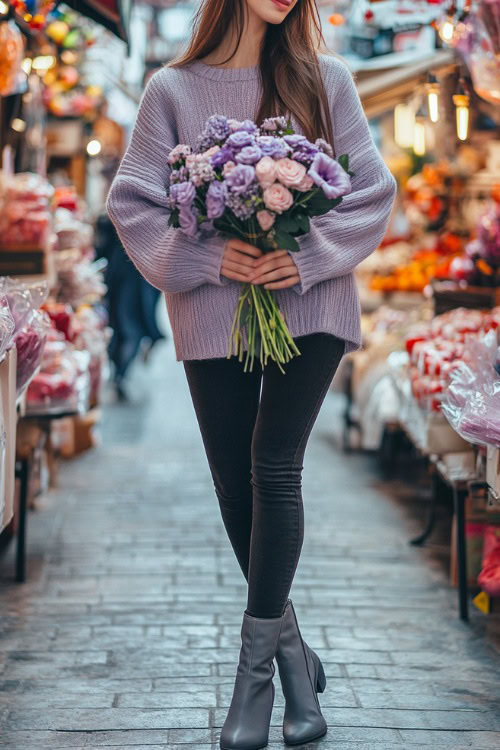 A woman wearing a soft lavender oversized sweater, black skinny jeans, and gray ankle boots