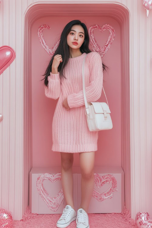 A woman wearing a soft pink knit dress, paired with white low-top sneakers and a small shoulder bag (2)