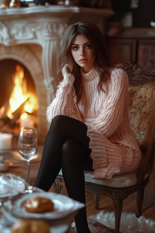 A woman wearing a soft pink knit dress with long sleeves, paired with black tights and ankle boots