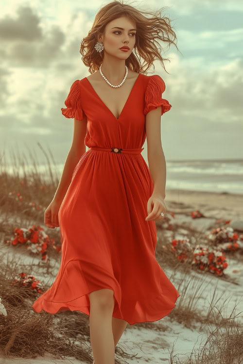 A woman wearing a soft red A-line dress with flutter sleeves, a pearl necklace, and beige flats