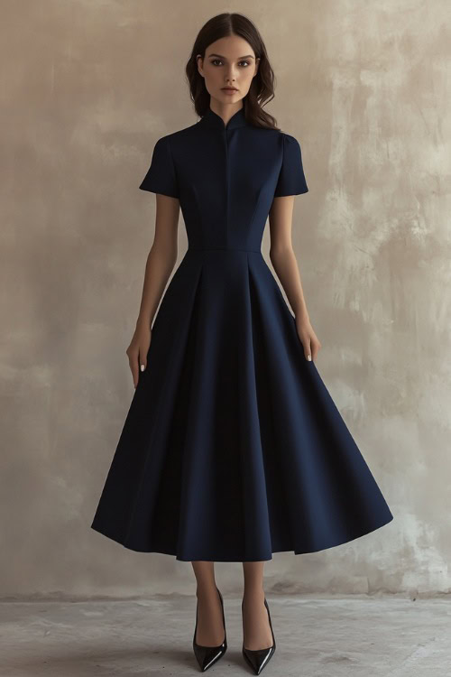 A woman wearing a structured navy blue midi dress with cap sleeves, styled with black pointed flats