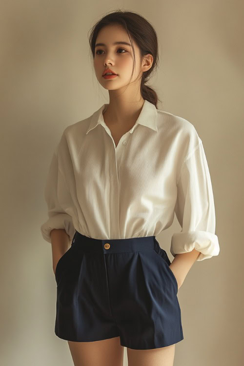 A woman wearing a structured white button-up blouse tucked into navy blue high-waisted shorts