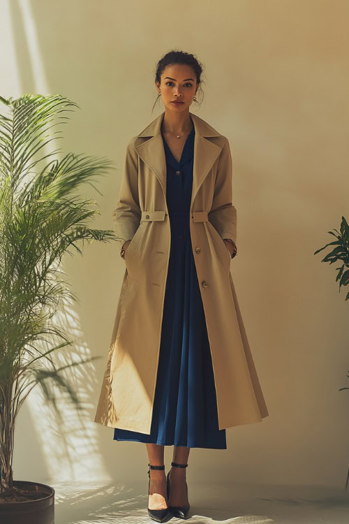 A woman wearing a tailored beige trench coat over a navy blue midi dress, accessorized with heels