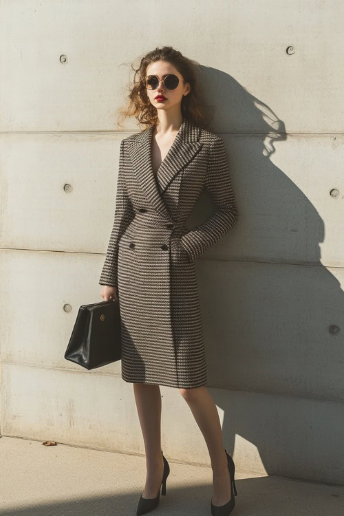 A woman wearing a tailored houndstooth blazer dress with black pumps and a leather clutch