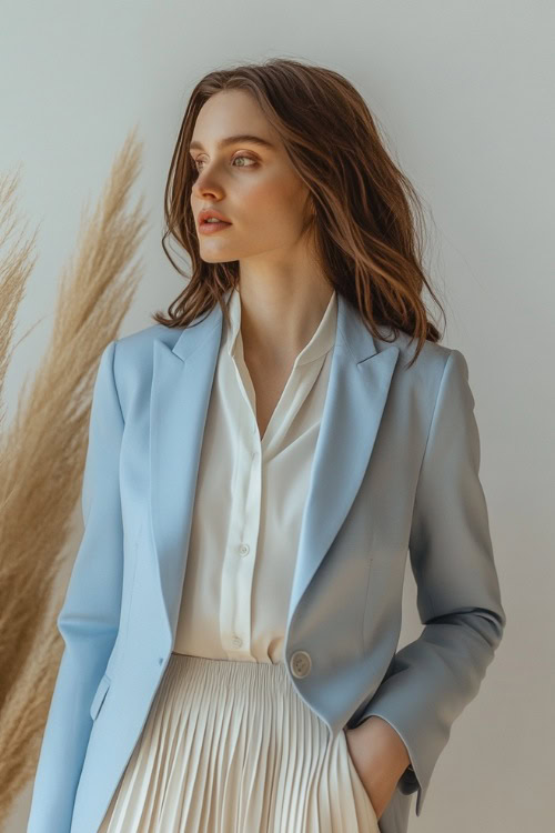 A woman wearing a tailored light blue blazer over a white blouse, paired with a pleated cream midi skirt and loafers