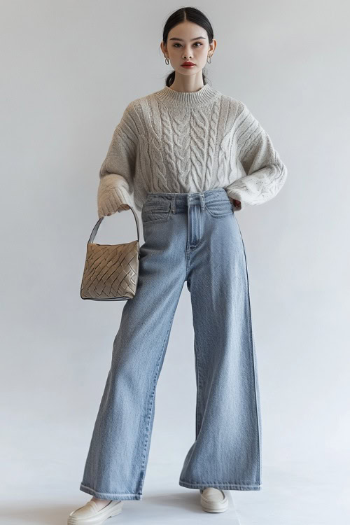 A woman wearing a tailored light gray sweater with high-waisted wide-leg jeans, accessorized with a structured handbag and ballet flats