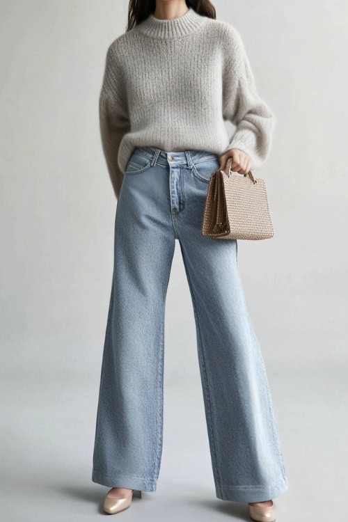 A woman wearing a tailored light gray sweater with high-waisted wide-leg jeans