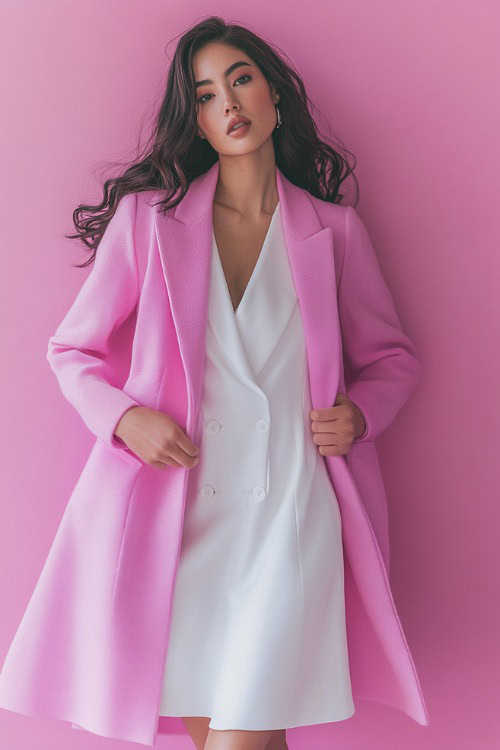 A woman wearing a tailored pink coat over a white silk midi dress, accessorized with pumps (2)