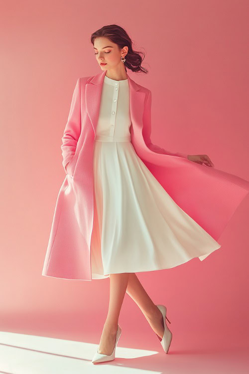 A woman wearing a tailored pink coat over a white silk midi dress, accessorized with pumps