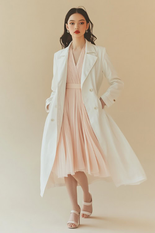 A woman wearing a tailored white trench coat over a pastel pink midi dress, paired with heeled sandals (2)