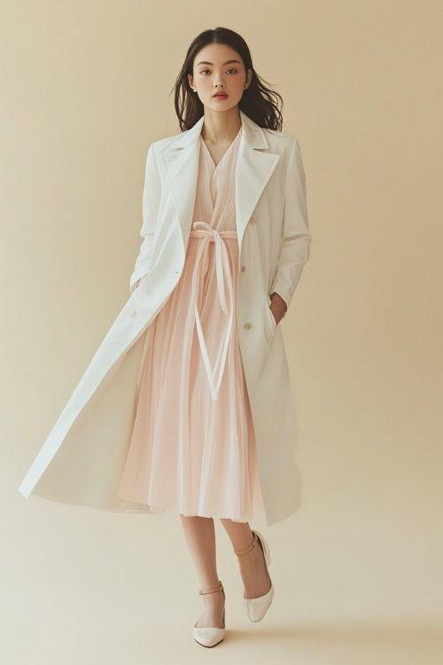 A woman wearing a tailored white trench coat over a pastel pink midi dress, paired with heeled sandals