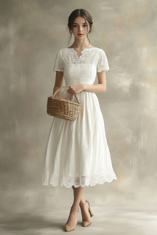 A woman wearing a white A-line dress with lace details, paired with pumps and a straw clutch (2)