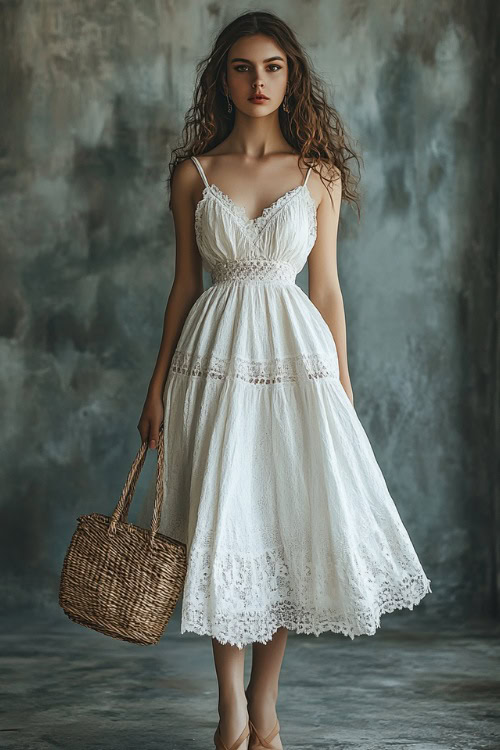 A woman wearing a white A-line dress with lace details, paired with pumps and a straw clutch