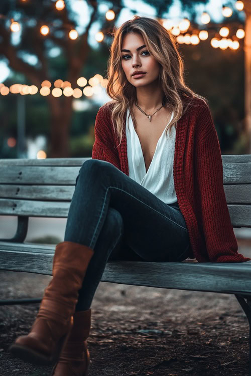 A woman wearing a white blouse, a red cardigan, dark skinny jeans, and brown leather boots, sitting at a park bench under string lights,