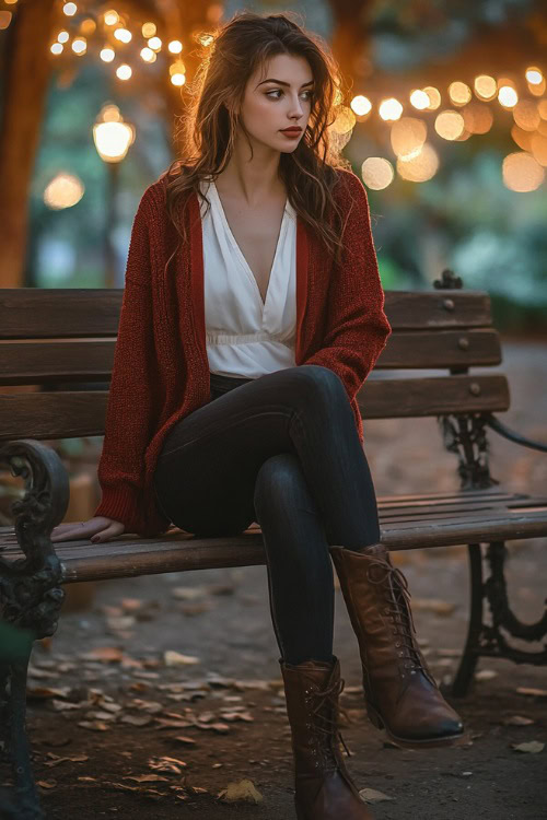 A woman wearing a white blouse, a red cardigan, dark skinny jeans, and brown leather boots