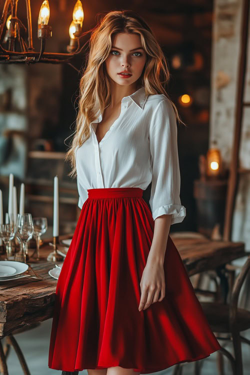 A woman wearing a white button-down blouse with subtle embroidery, paired with a red midi skirt and ballet flats