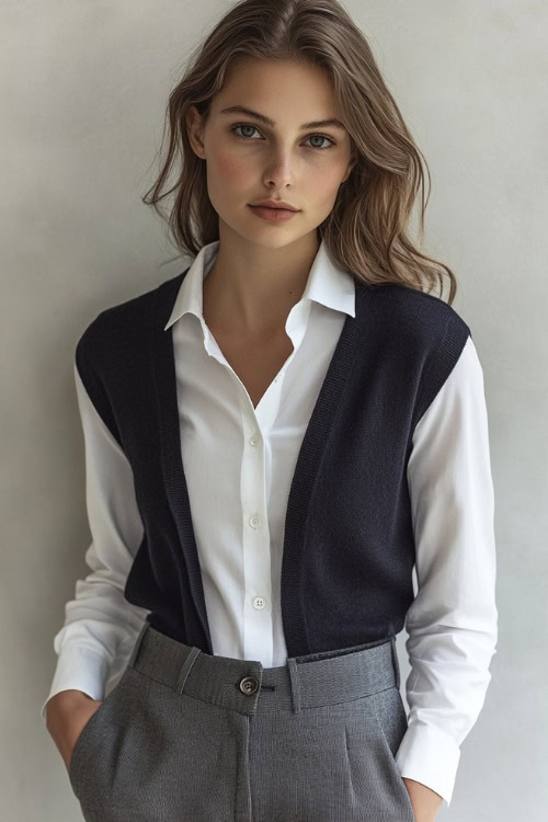 A woman wearing a white button-up shirt with a navy cashmere sweater draped over her shoulders