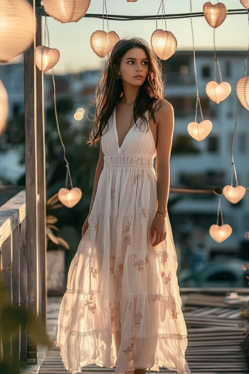 A woman wearing a white chiffon maxi dress with subtle floral embroidery, paired with tan wedge sandals (2)