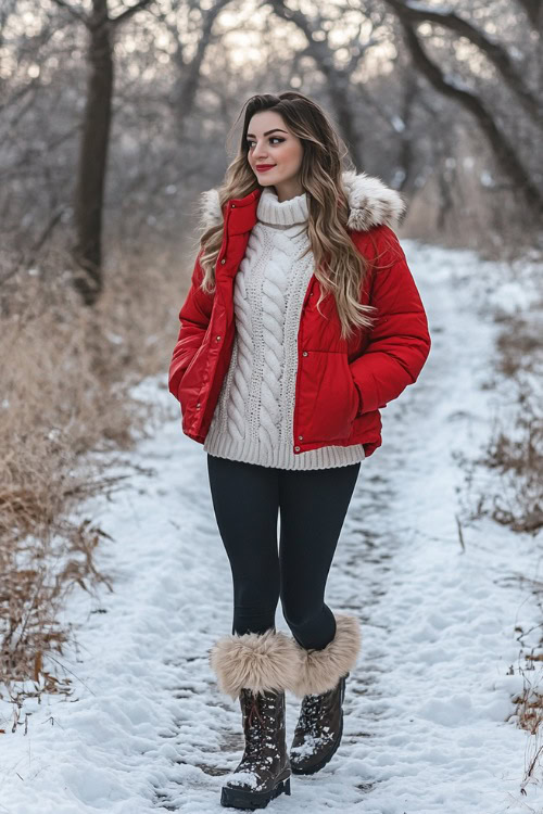 A woman wearing a white knit sweater, a red puffer jacket, black leggings, and fur-lined boots