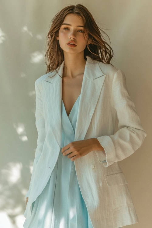 A woman wearing a white linen blazer over a light blue midi dress, styled with espadrilles and a clutch