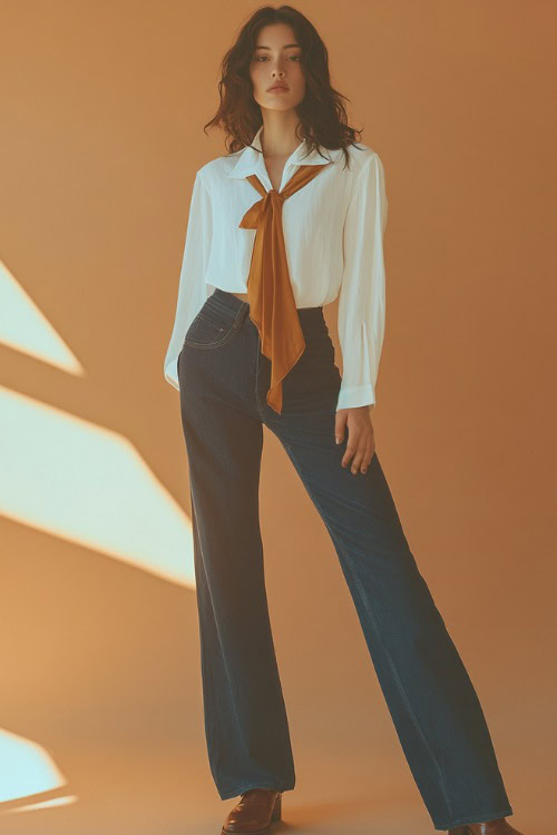 A woman wearing a white linen blouse tucked into high-waisted wide-leg jeans, paired with brown leather loafers and a silk scarf