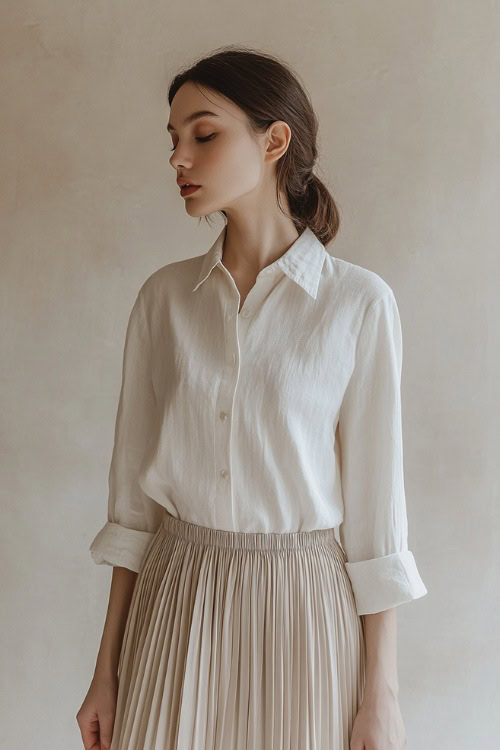 A woman wearing a white linen button-up shirt paired with a pleated midi skirt and beige espadrilles