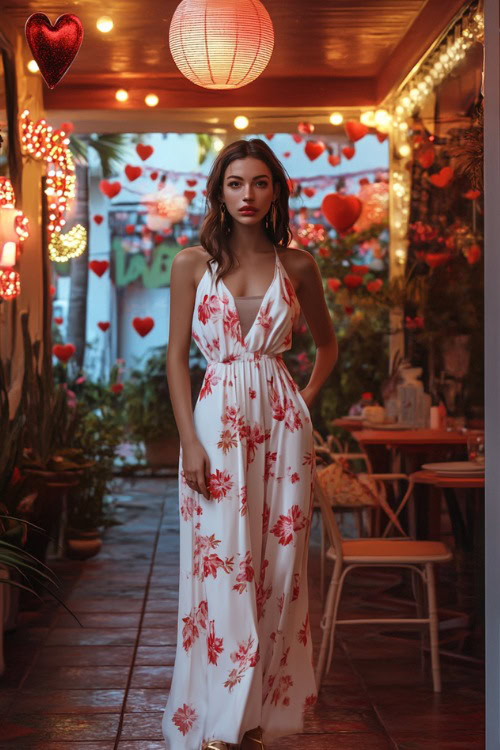 A woman wearing a white maxi dress with pink floral prints, gold sandals, and a matching clutch