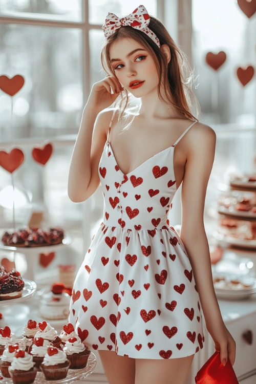 A woman wearing a white mini dress with heart patterns, paired with red ballet flats and a matching headband (2)