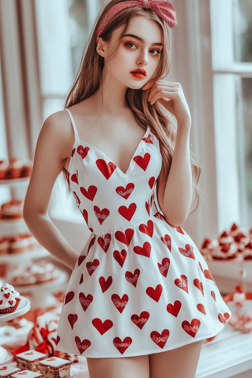 A woman wearing a white mini dress with heart patterns, paired with red ballet flats and a matching headband (3)