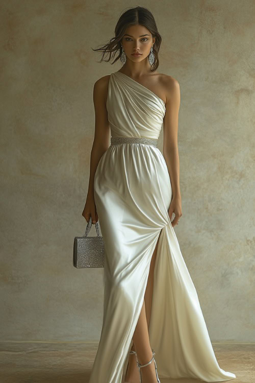 A woman wearing a white satin gown with a draped neckline, accessorized with a silver clutch and strappy heels