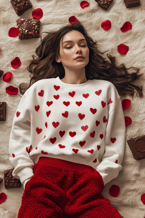 A woman wearing a white sweatshirt with red heart patterns, red pajama pants, and fuzzy slippers