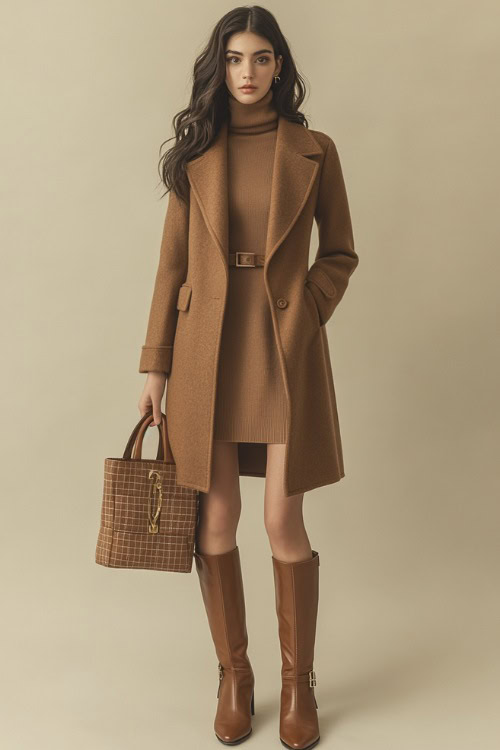 A woman wearing a wool camel coat over a fitted turtleneck dress and knee-high suede boots