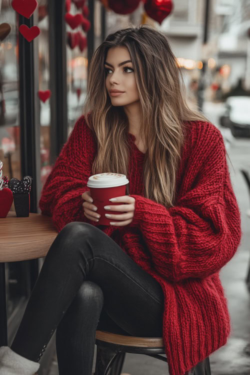 A woman wearing an oversized red knit sweater, skinny black jeans, and ankle boots (2)