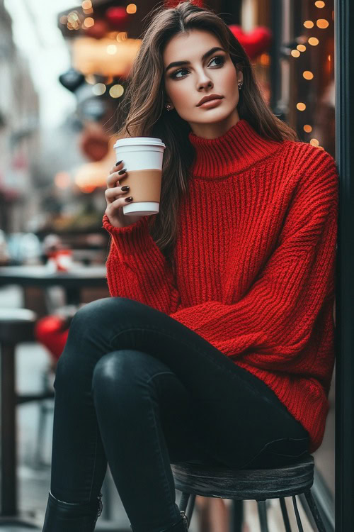 A woman wearing an oversized red knit sweater, skinny black jeans, and ankle boots