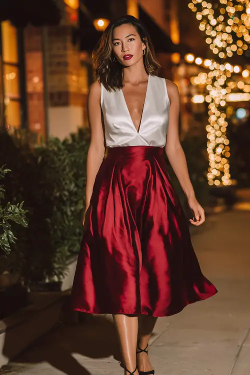 A woman wears a V neck sleeveless white satin blouse and red satin midi skirt