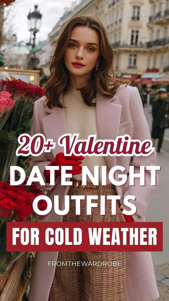 A woman wears a Valentine's Day outfit for cold weather with a light pink blazer-style wool coat over a mock-neck sweater and flared trousers, red gloves in hand