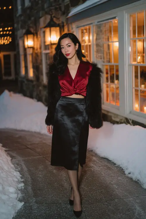 A woman wears a black satin midi skirt with a crimson wrap blouse and a cropped faux fur jacket, styled with tights and kitten heels
