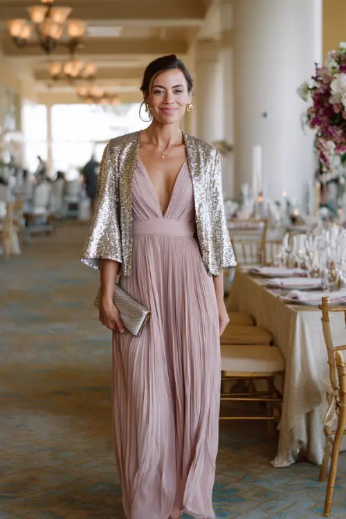 A woman wears a blush pink pleated gown with flutter sleeves and a metallic clutch, styled with a silver sequin jacket and silver heels