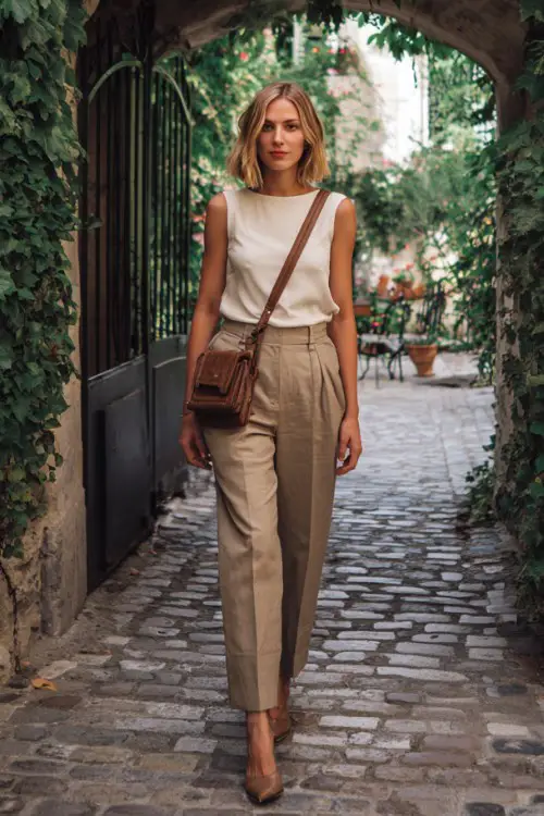 A woman wears a casual old money outfit with a tailored beige trousers with a silky bateau-neck top and a small leather shoulder bag