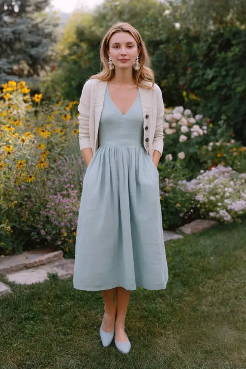 A woman wears a casual old money with a dress in pale blue with a cardigan over her shoulders, classic flats