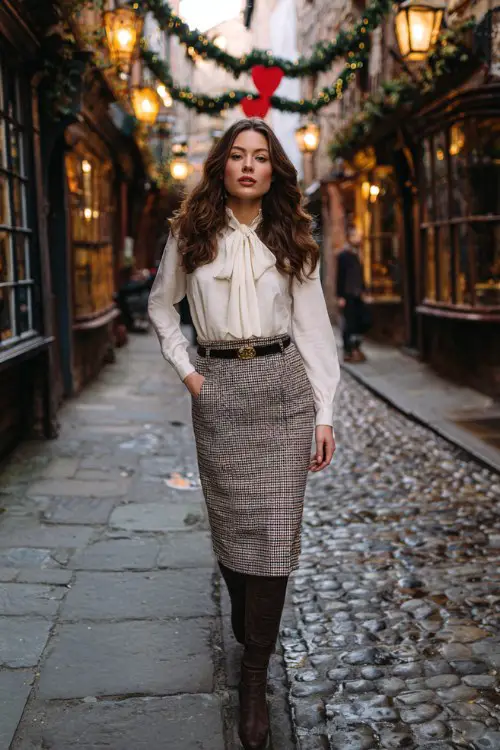 A woman wears a cream silk pussybow blouse tucked into a knee-length houndstooth skirt with gold buttons, paired with riding boots and a slim belt