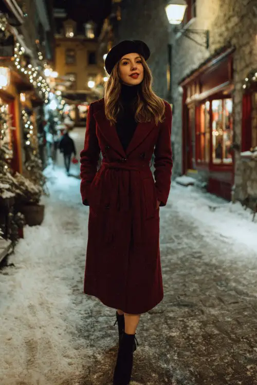 A woman wears a deep red belted wool coat over a black turtleneck midi dress, paired with heeled boots and a beret