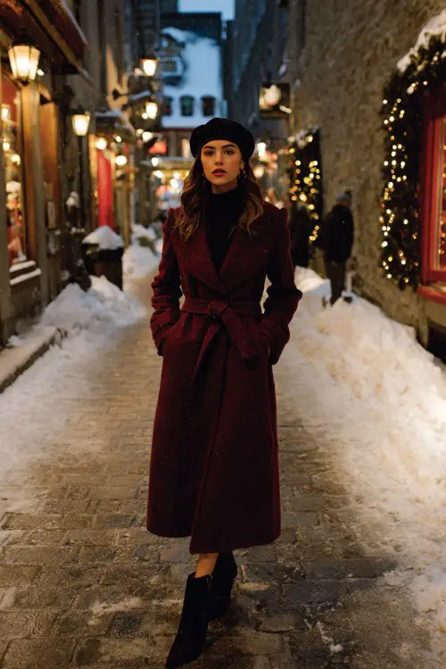 A woman wears a deep red belted wool coat over a black turtleneck midi dress, paired with heeled boots and a beret