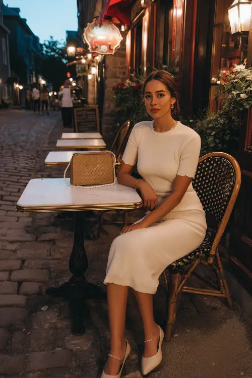 A woman wears a fitted cream short-sleeve midi dress with pastel heels at a sidewalk café