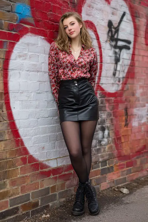 A woman wears a fitted heart-print blouse, faux leather mini skirt, sheer tights, and combat boots
