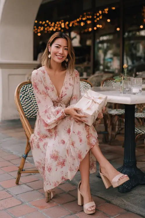 A woman wears a flowy floral-print chiffon dress with soft pink and red tones, paired with beige block heels, dainty earrings 1