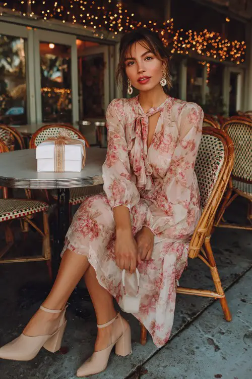 A woman wears a flowy floral-print chiffon dress with soft pink and red tones, paired with beige block heels, dainty earrings