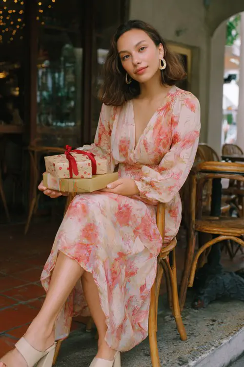 A woman wears a flowy floral-print chiffon dress with soft pink and red tones, paired with beige block heels, dainty earrings
