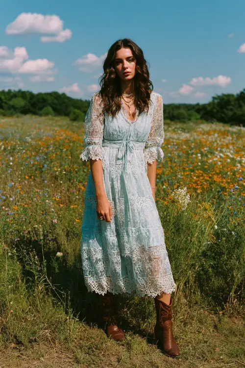 A woman wears a light blue embroidered mesh dress with a scalloped hem and heeled brown ankle boots
